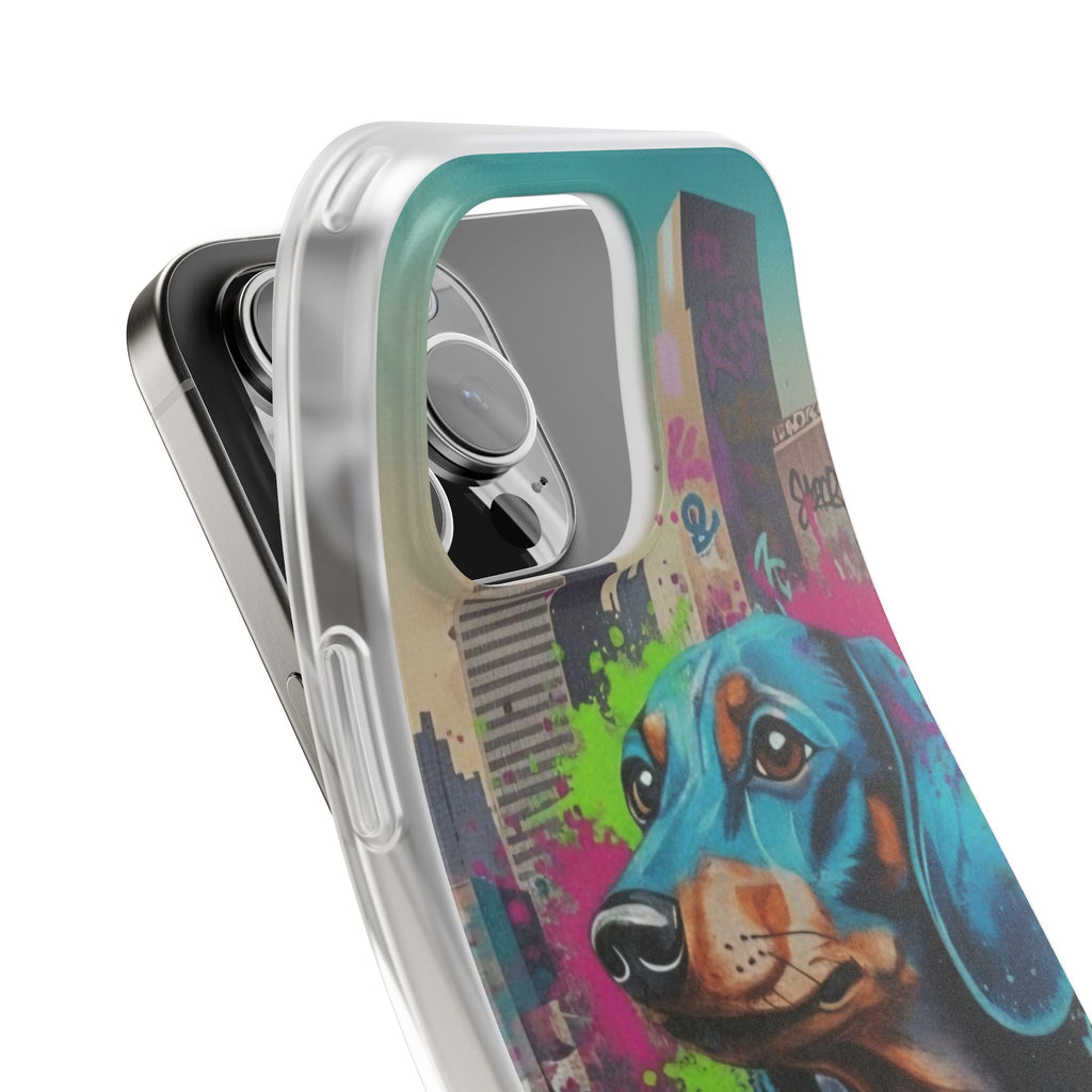 Funda flexible para teléfono de arte callejero de Dachshund — Funda de iPhone con perro de grafiti colorido
