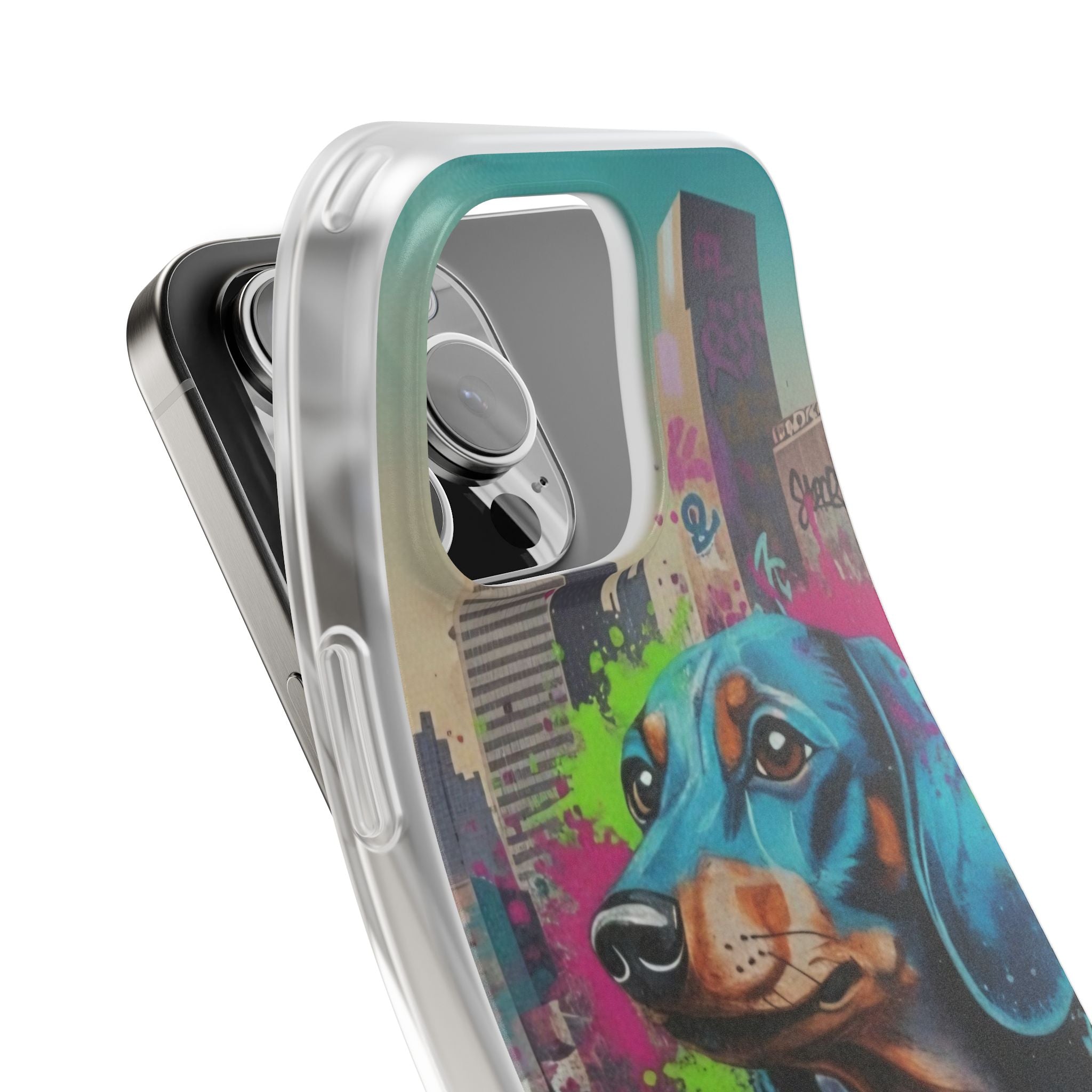 Funda flexible para teléfono de arte callejero de Dachshund — Funda de iPhone con perro de grafiti colorido