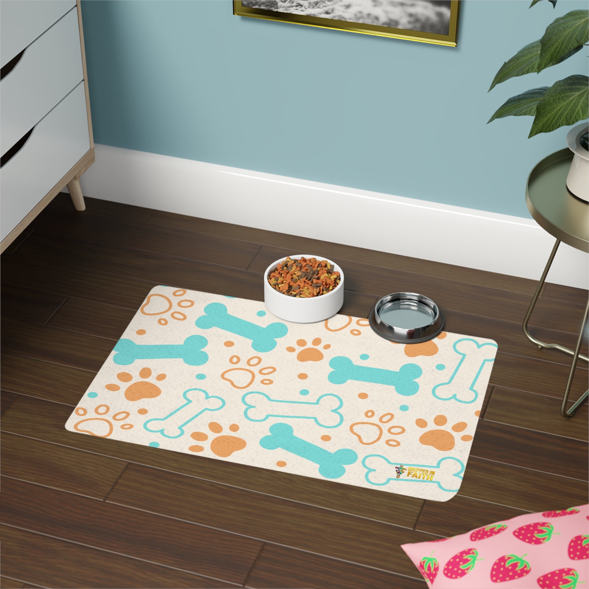 Tapete para Animais de Estimação Osso e Pata de Cão (12x18) — Tapete Antiderrapante para Comida de Cães e Gatos