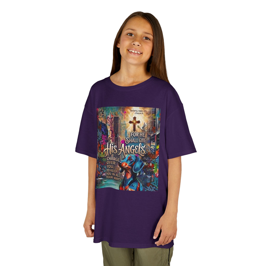 Kids Grafitti Dachshund T-Shirt — "Faithful Paws City" Colorful Angels & Paw Print Graphic Tee