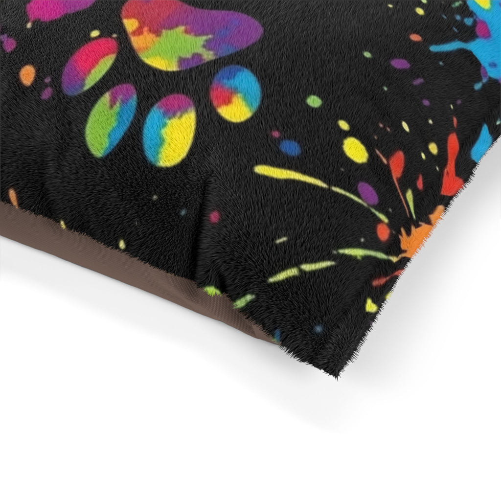 Colorful Paw Print Pet Bed — splatter paint design, cozy dog & cat cushion