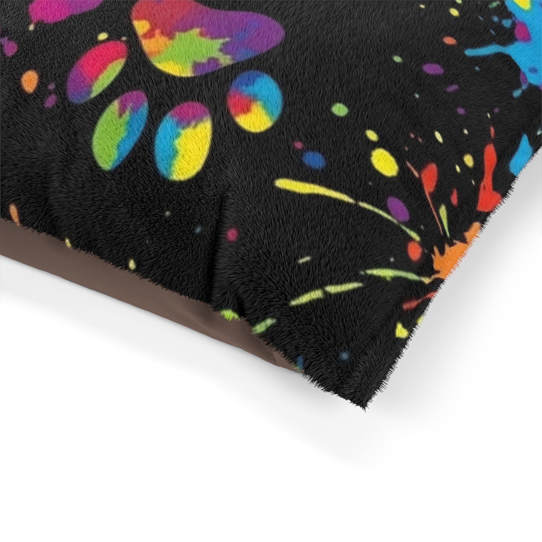 Colorful Paw Print Pet Bed — splatter paint design, cozy dog & cat cushion