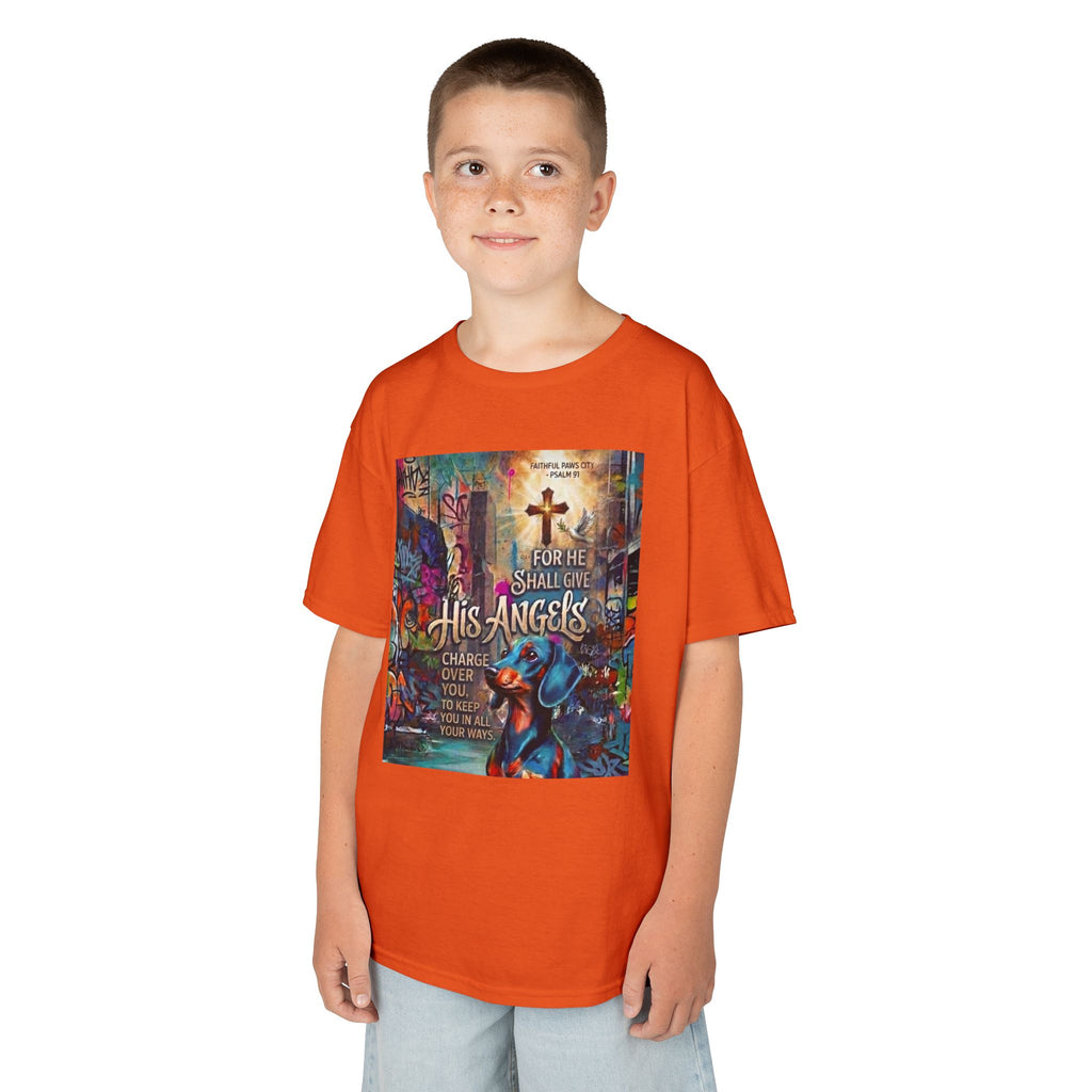 Kids Grafitti Dachshund T-Shirt — "Faithful Paws City" Colorful Angels & Paw Print Graphic Tee
