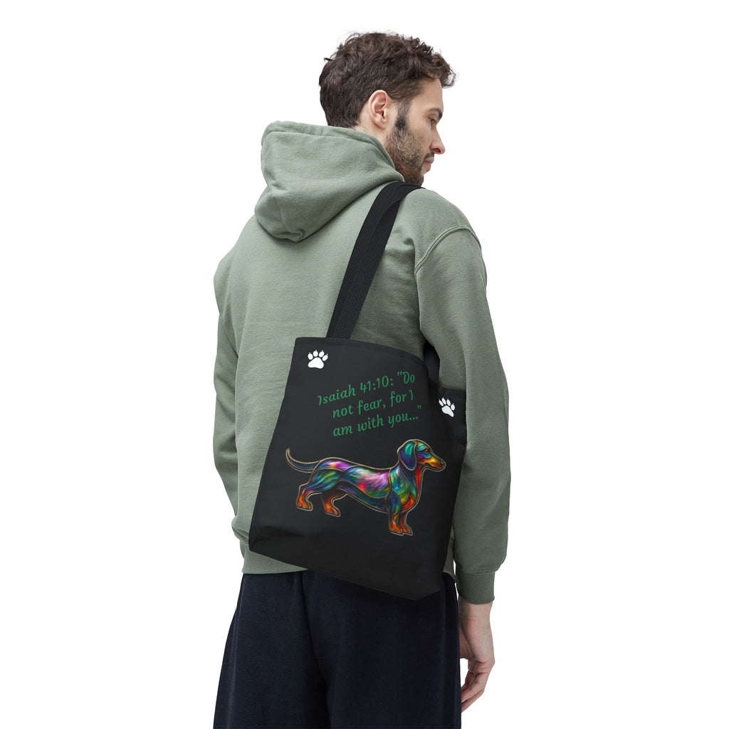 Faithful Paws City Dachshund Tote — Isaiah 41:10 Inspirational Dog Lover Bag