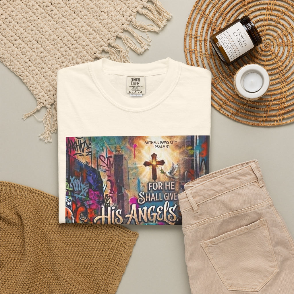Unisex Christian Dog Grafitti T‑Shirt — "For He Shall Give His Angels Charge Over You" Inspirational Paw Print Tee