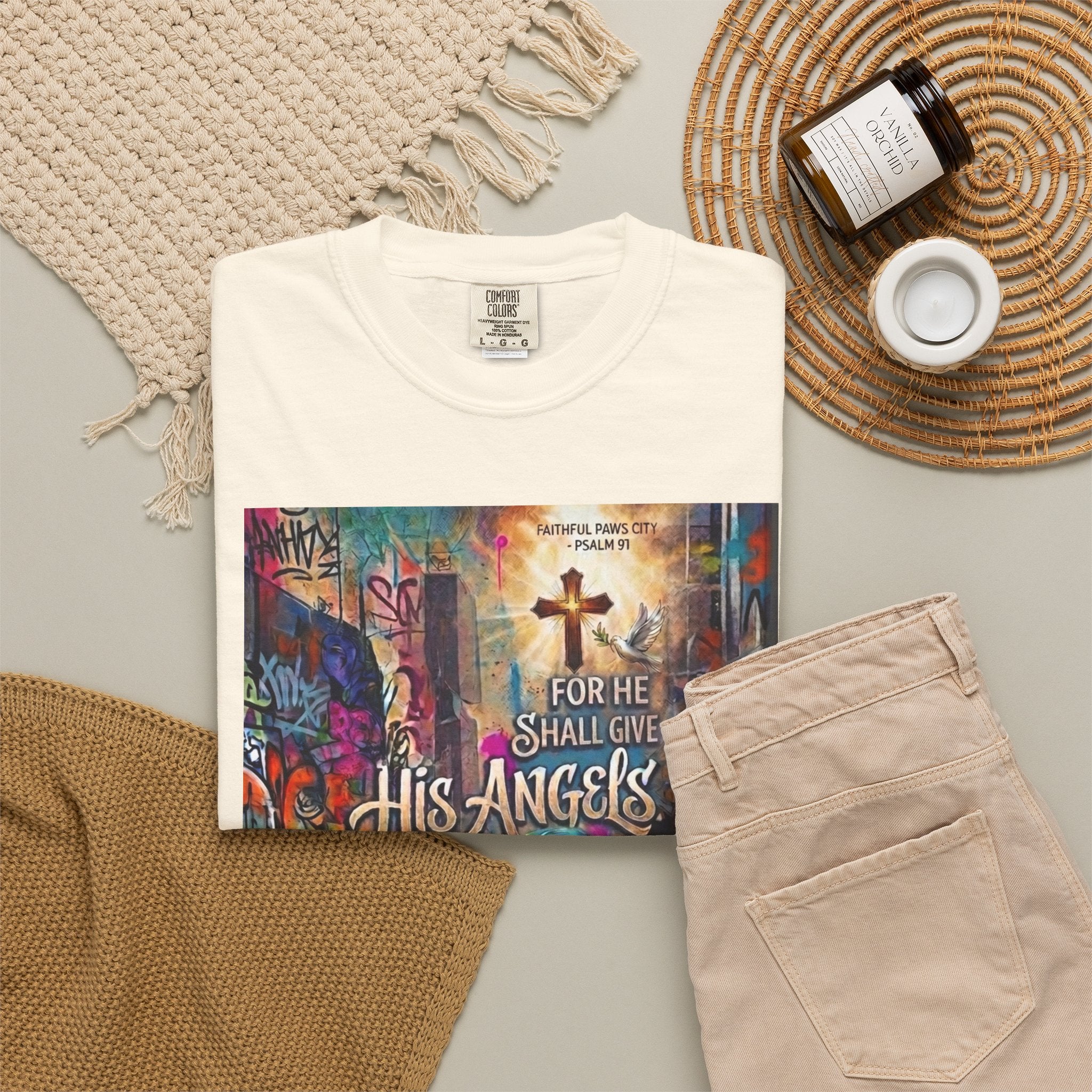 Unisex Christian Dog Grafitti T‑Shirt — "For He Shall Give His Angels Charge Over You" Inspirational Paw Print Tee