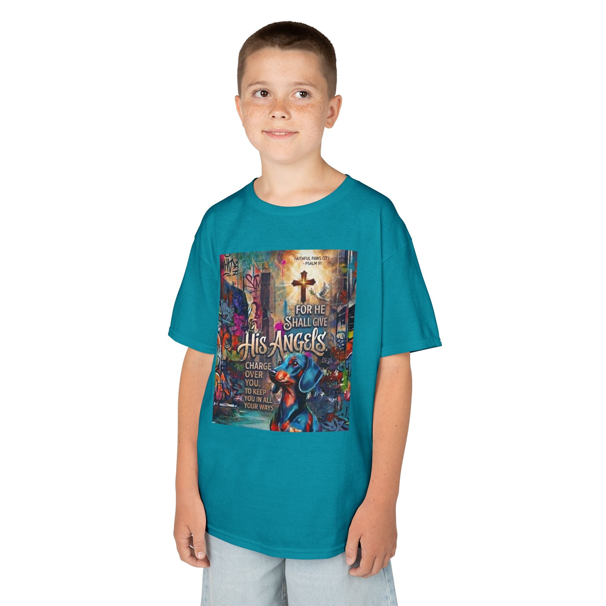 Kids Grafitti Dachshund T-Shirt — "Faithful Paws City" Colorful Angels & Paw Print Graphic Tee