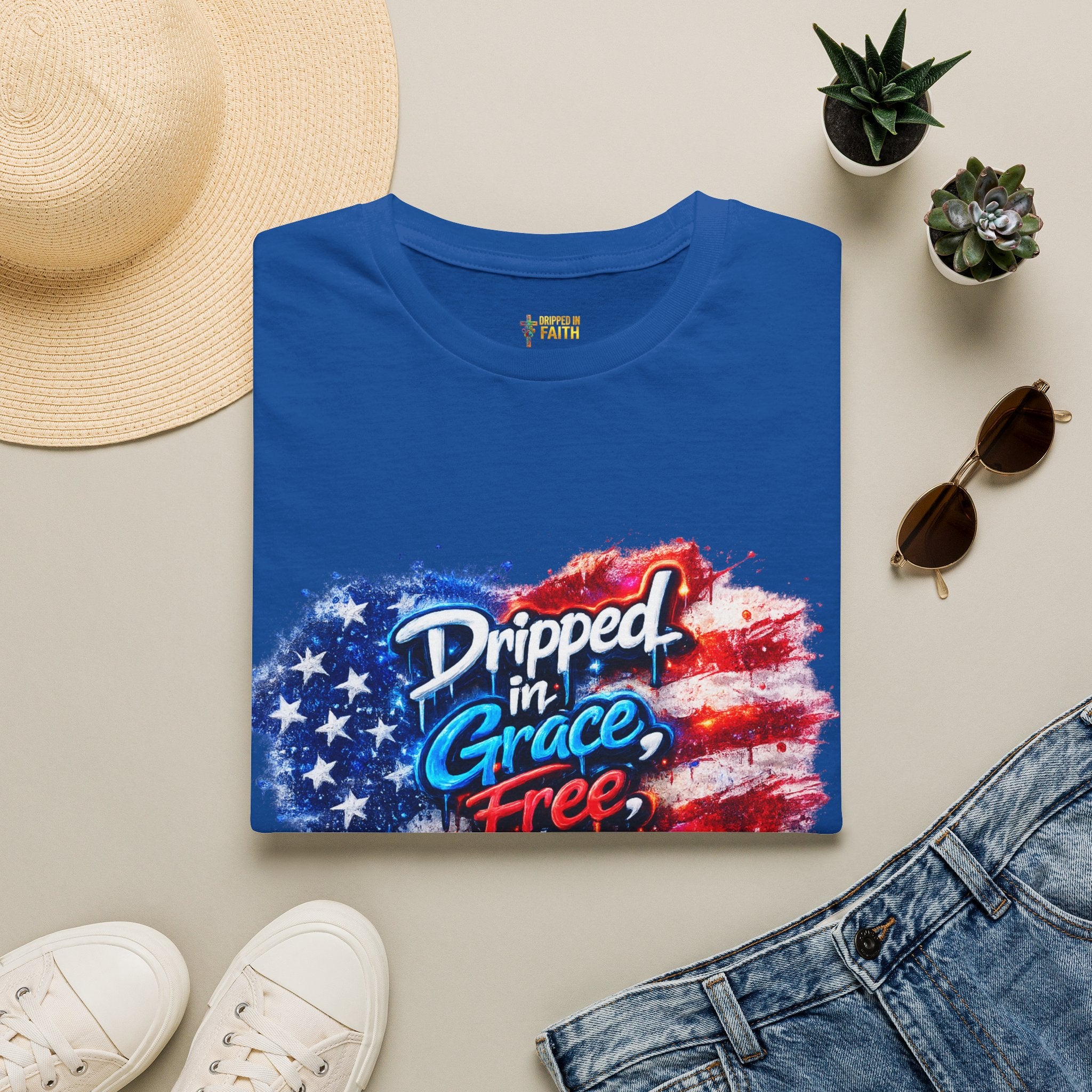 T-Shirt — "Dripped in Grace, Free in Faith" American Flag Christian Graphic Tee - 4th of July