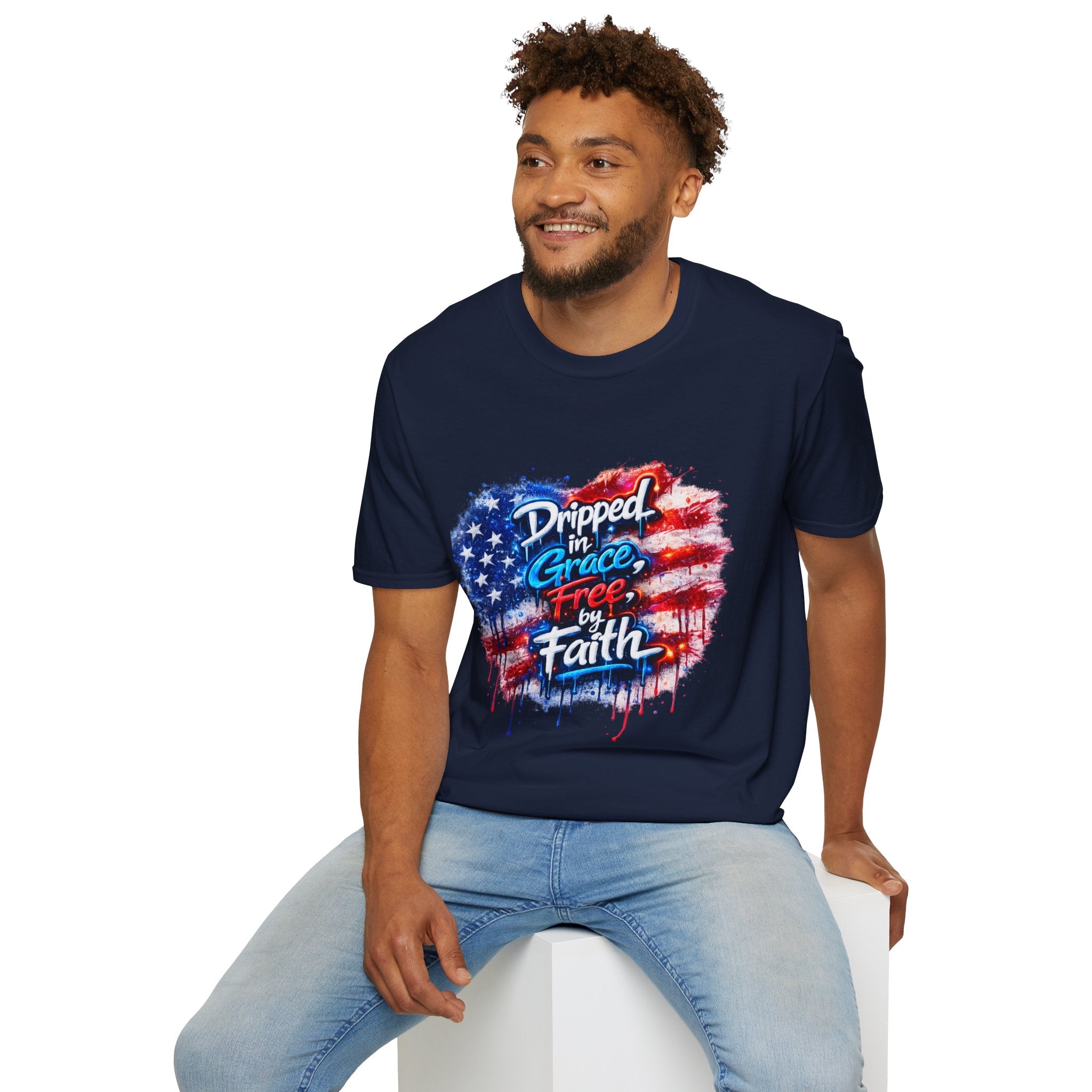T-Shirt — "Dripped in Grace, Free in Faith" American Flag Christian Graphic Tee - 4th of July