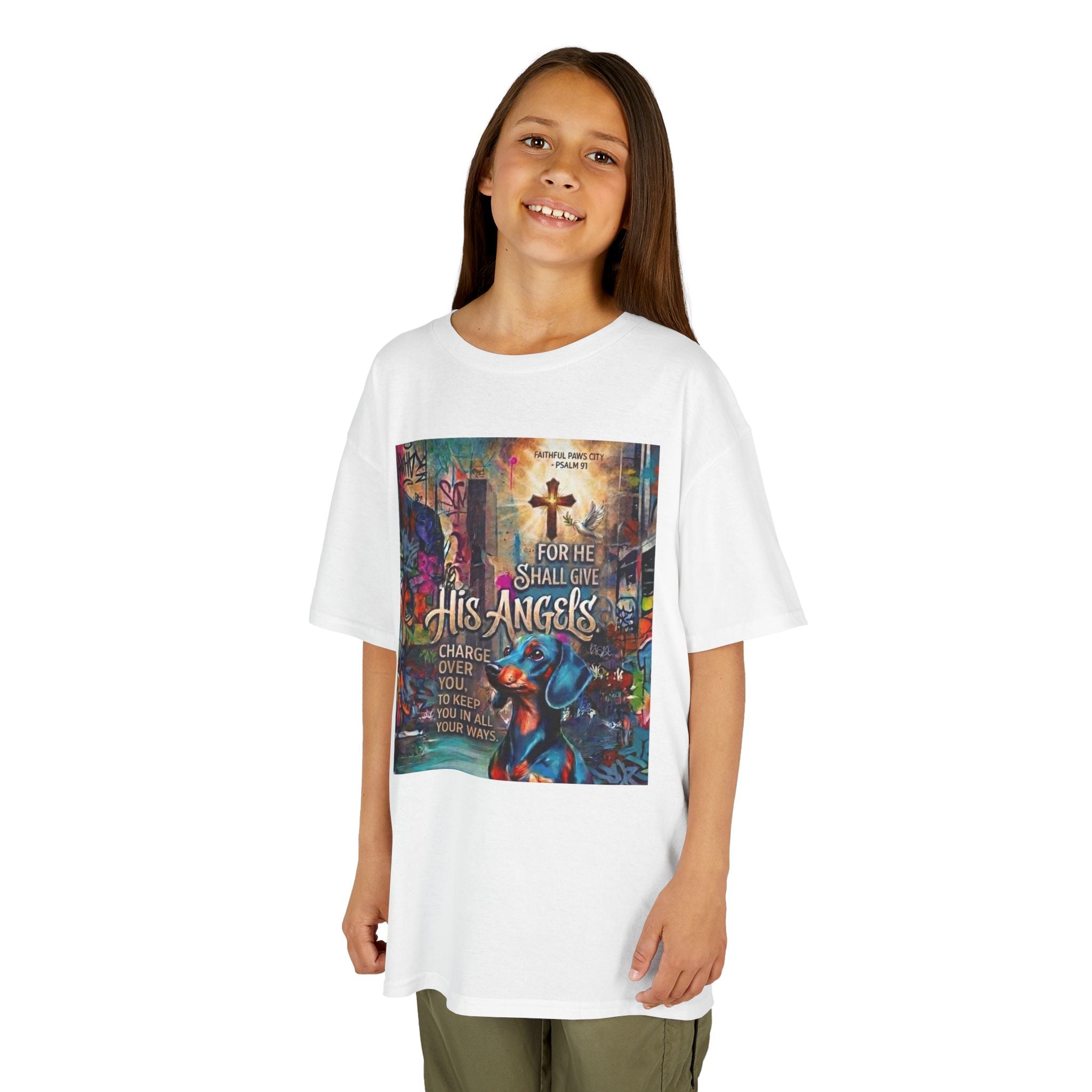Kids Grafitti Dachshund T-Shirt — "Faithful Paws City" Colorful Angels & Paw Print Graphic Tee