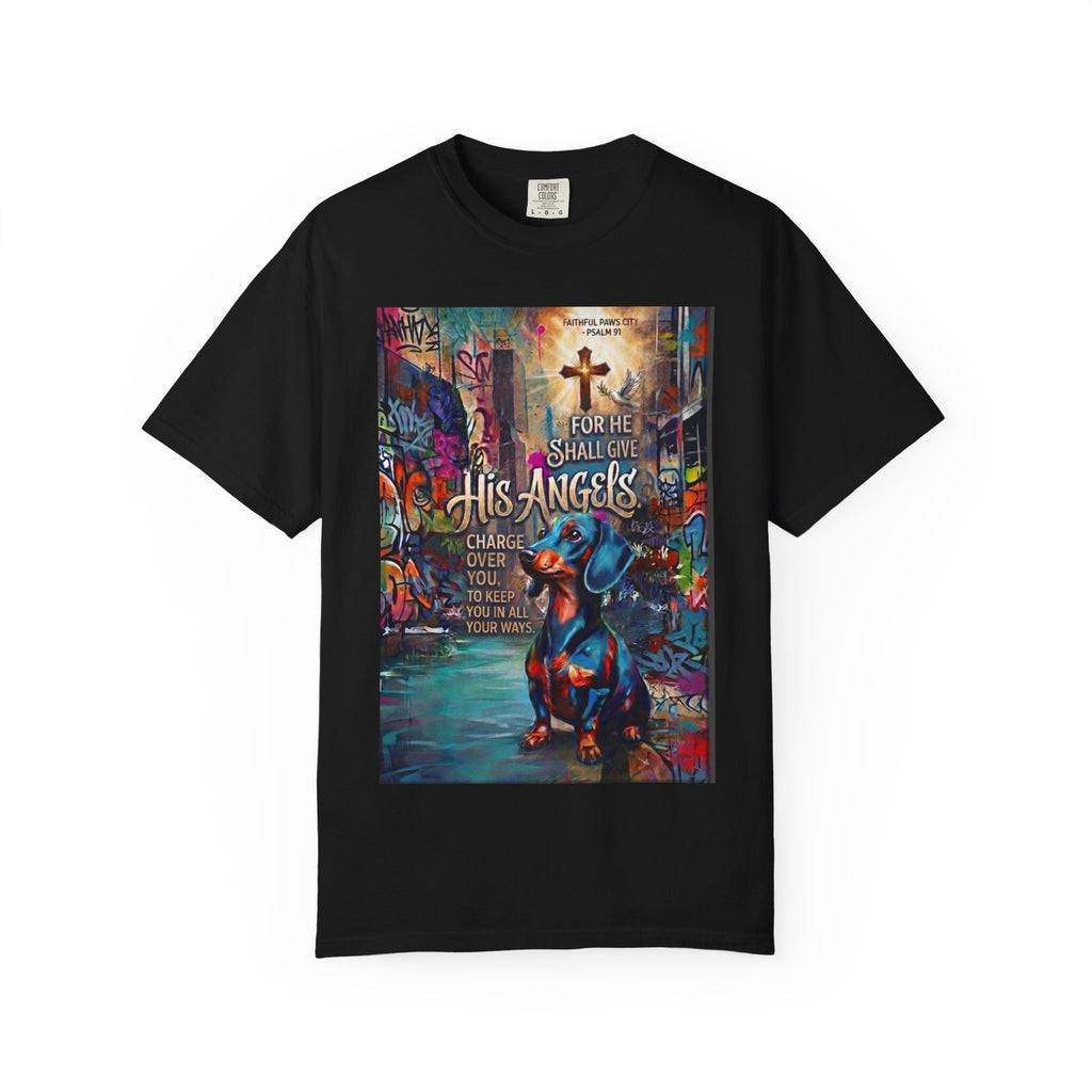 Unisex Christian Dog Grafitti T‑Shirt — "For He Shall Give His Angels Charge Over You" Inspirational Paw Print Tee