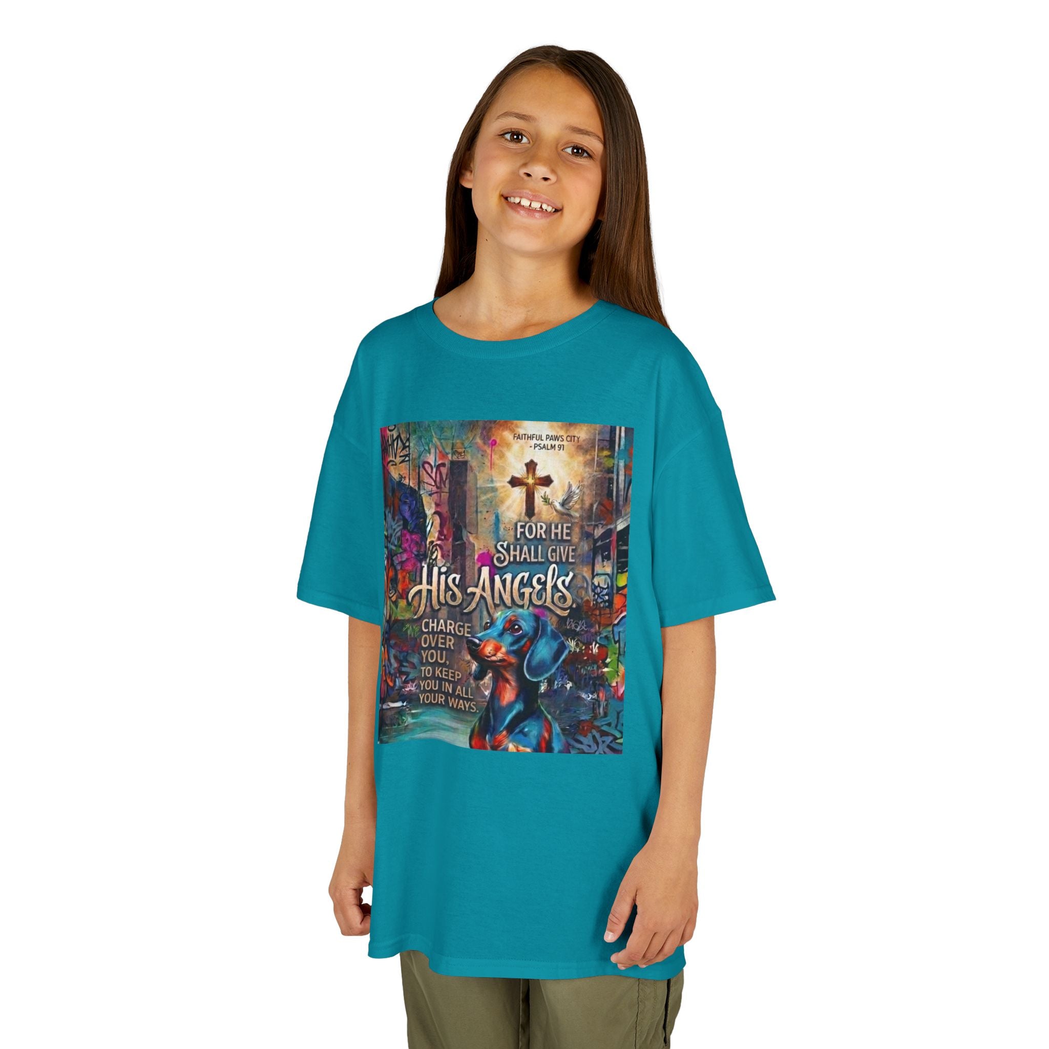 Kids Grafitti Dachshund T-Shirt — "Faithful Paws City" Colorful Angels & Paw Print Graphic Tee