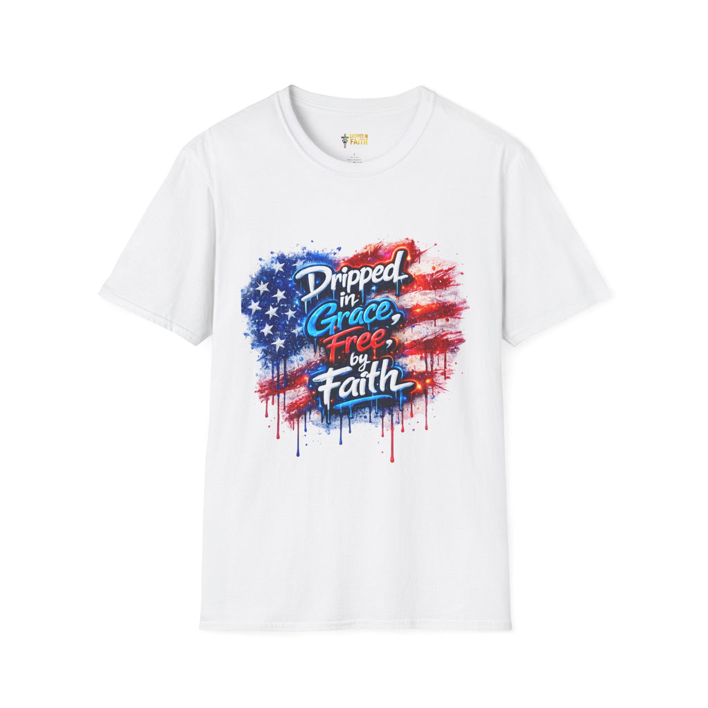 T-Shirt — "Dripped in Grace, Free in Faith" American Flag Christian Graphic Tee - 4th of July