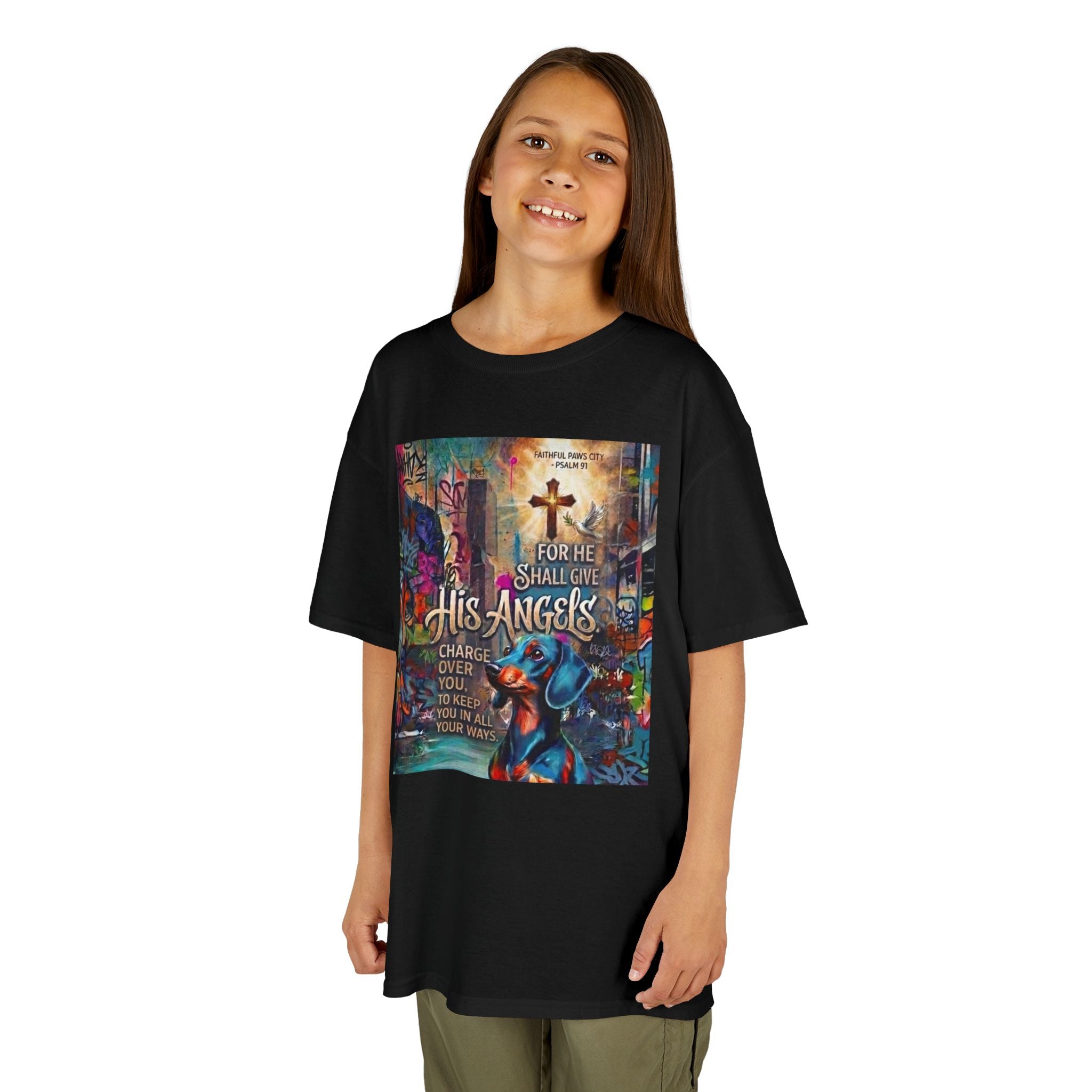 Kids Grafitti Dachshund T-Shirt — "Faithful Paws City" Colorful Angels & Paw Print Graphic Tee