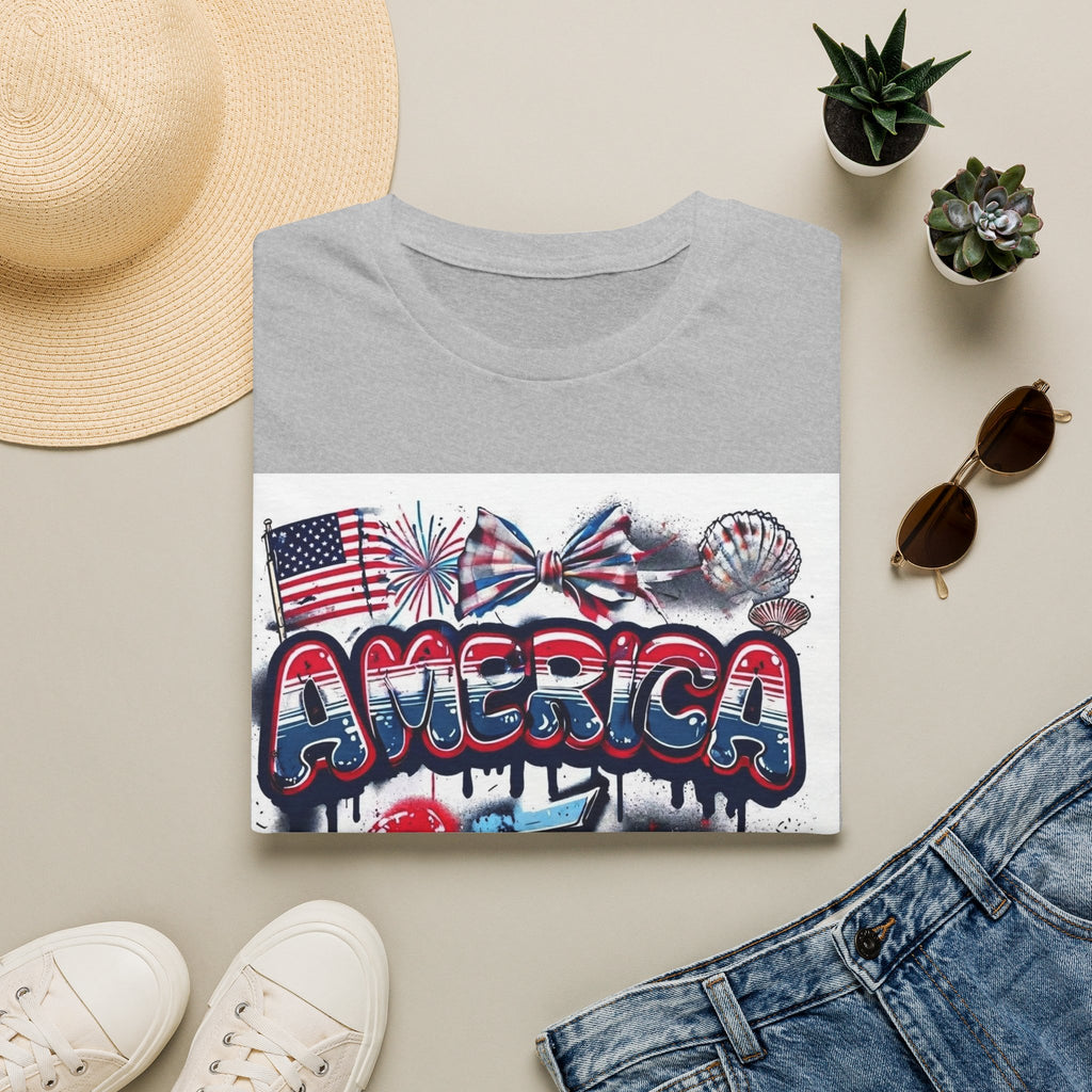 T-Shirt Gráfica 4 de Julho América — Bandeira dos EUA Patriótica e Design de Fogo de Artifício