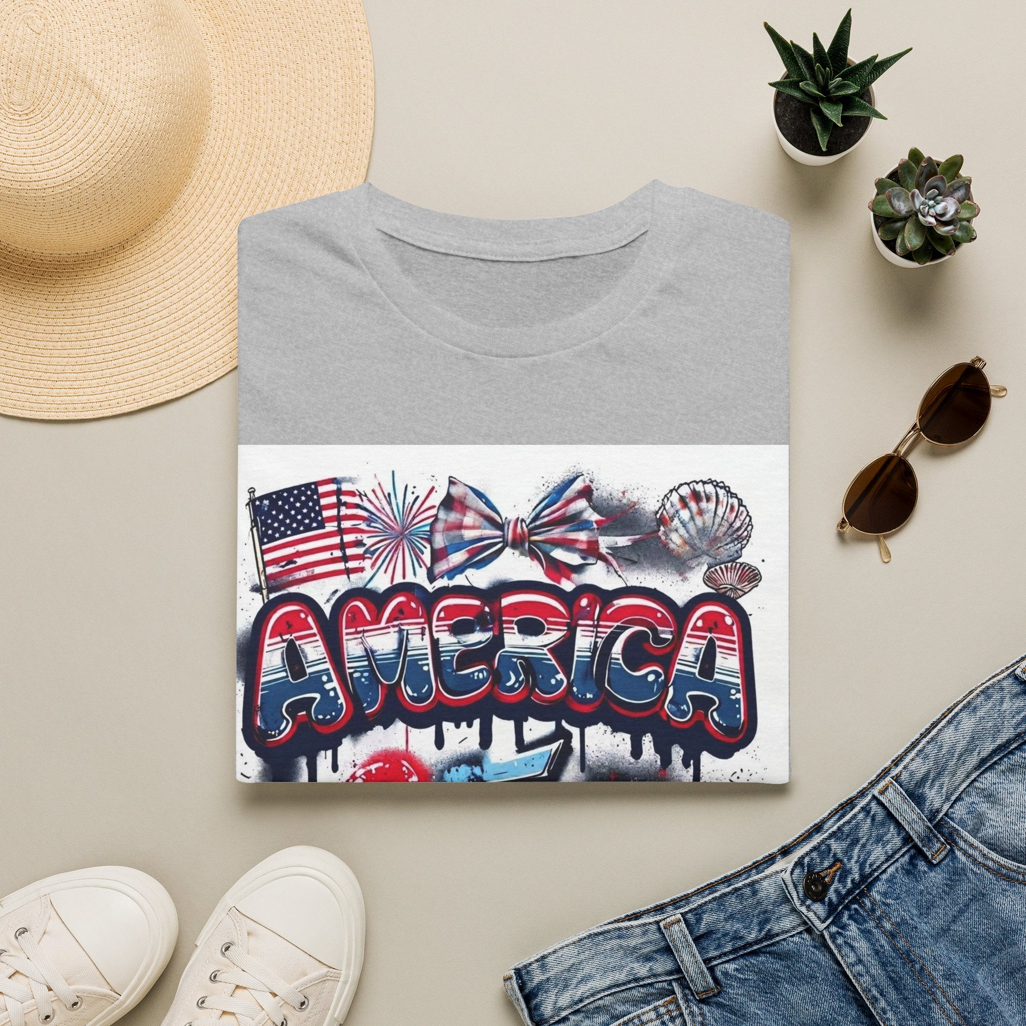T-Shirt Gráfica 4 de Julho América — Bandeira dos EUA Patriótica e Design de Fogo de Artifício