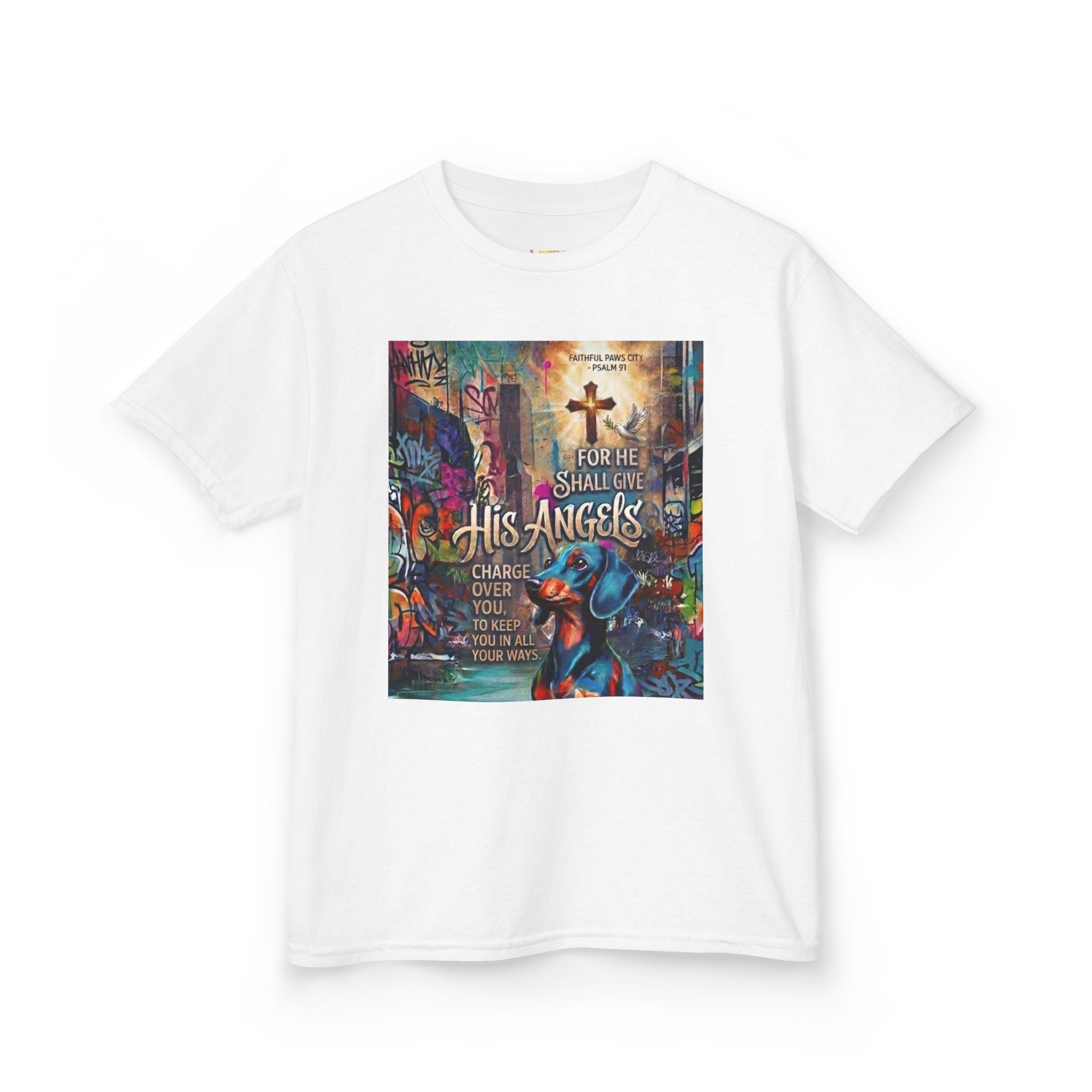Kids Grafitti Dachshund T-Shirt — "Faithful Paws City" Colorful Angels & Paw Print Graphic Tee