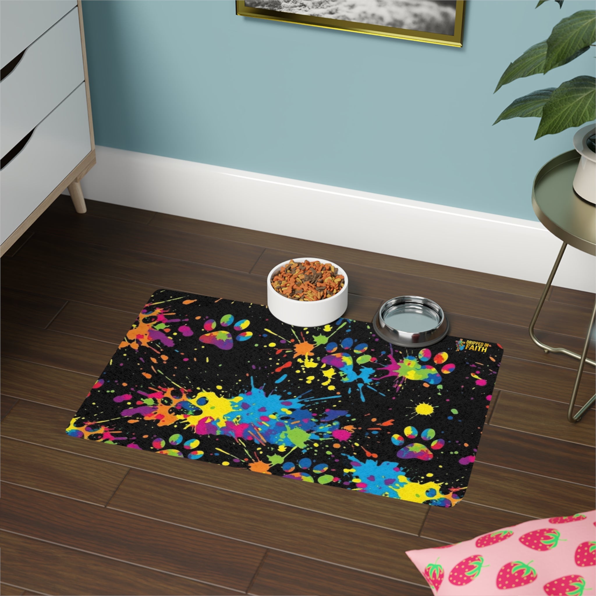 Tapete para Comida de Animais Salpicos Coloridos de Patas (12x18)