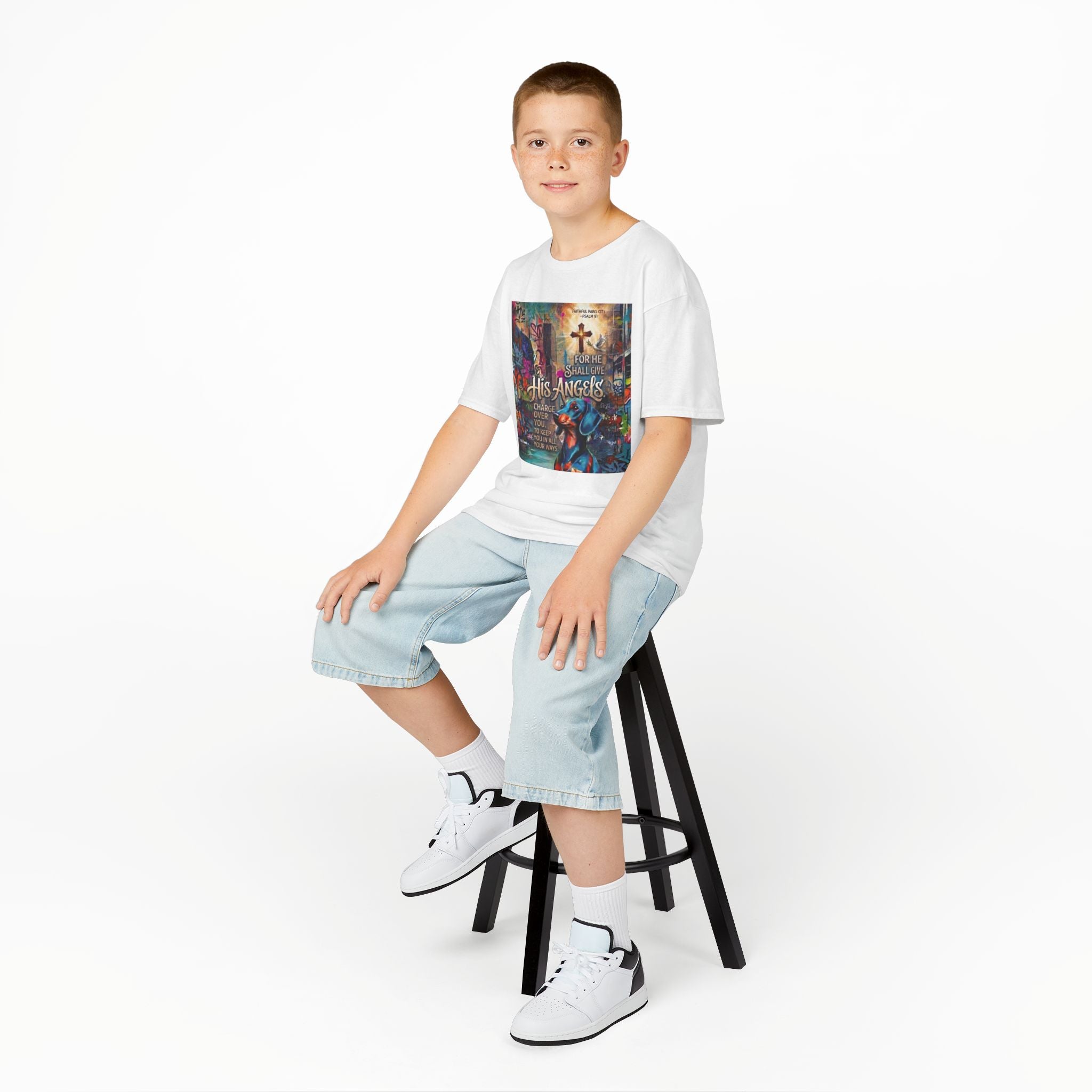 Kids Grafitti Dachshund T-Shirt — "Faithful Paws City" Colorful Angels & Paw Print Graphic Tee