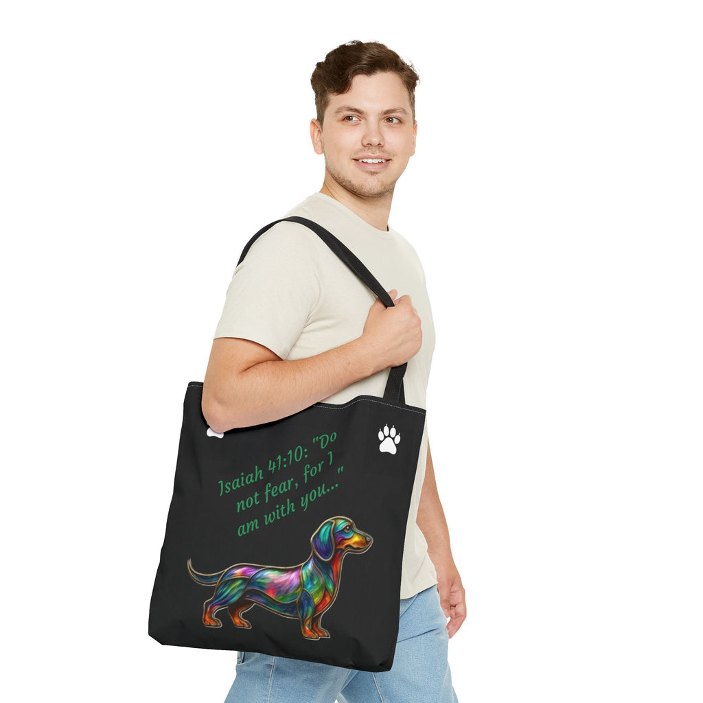 Faithful Paws City Dachshund Tote — Isaiah 41:10 Inspirational Dog Lover Bag