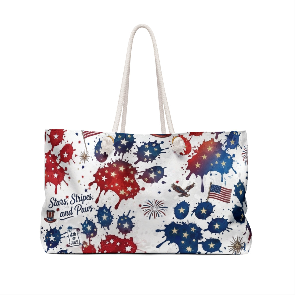 Patriotic Weekender Bag — "Stars, Stripes and Paws" Red White & Blue 4th of July Travel Tote
