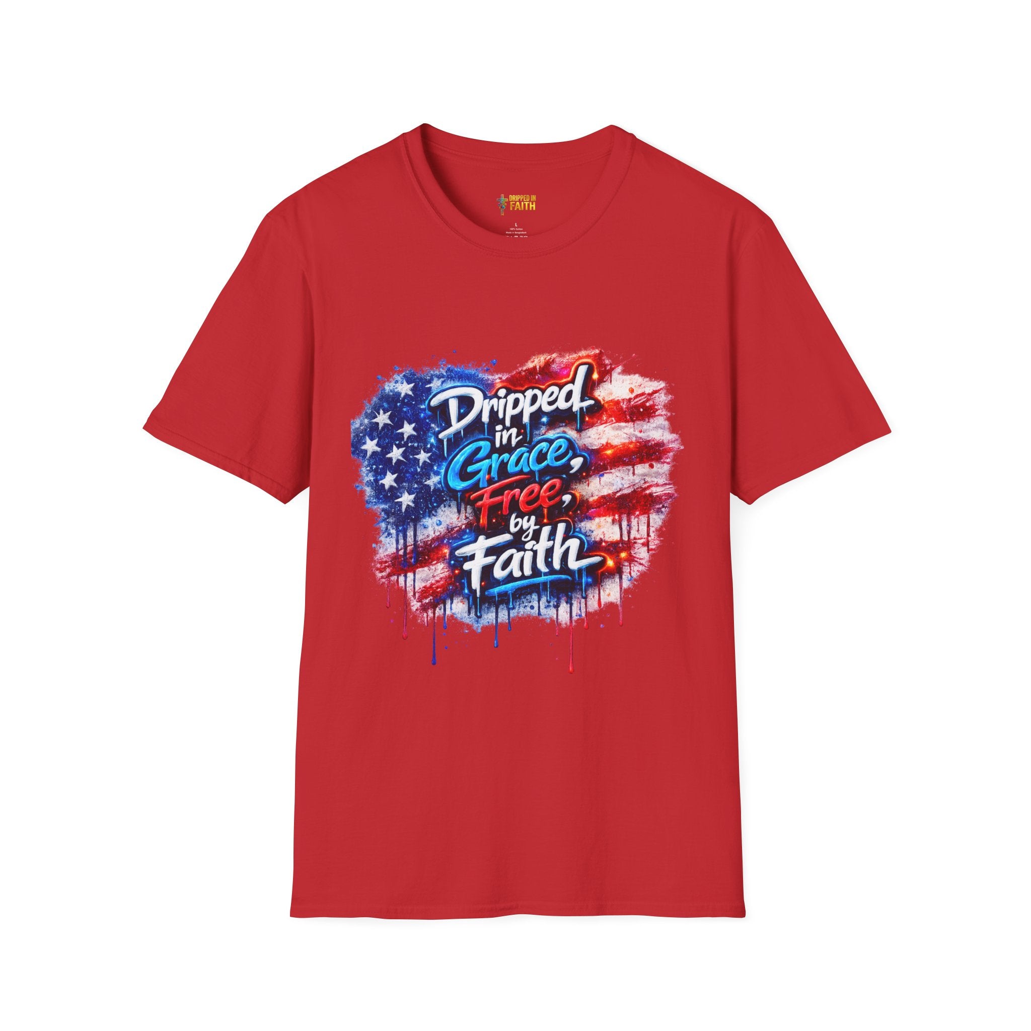 T-Shirt — "Dripped in Grace, Free in Faith" American Flag Christian Graphic Tee - 4th of July