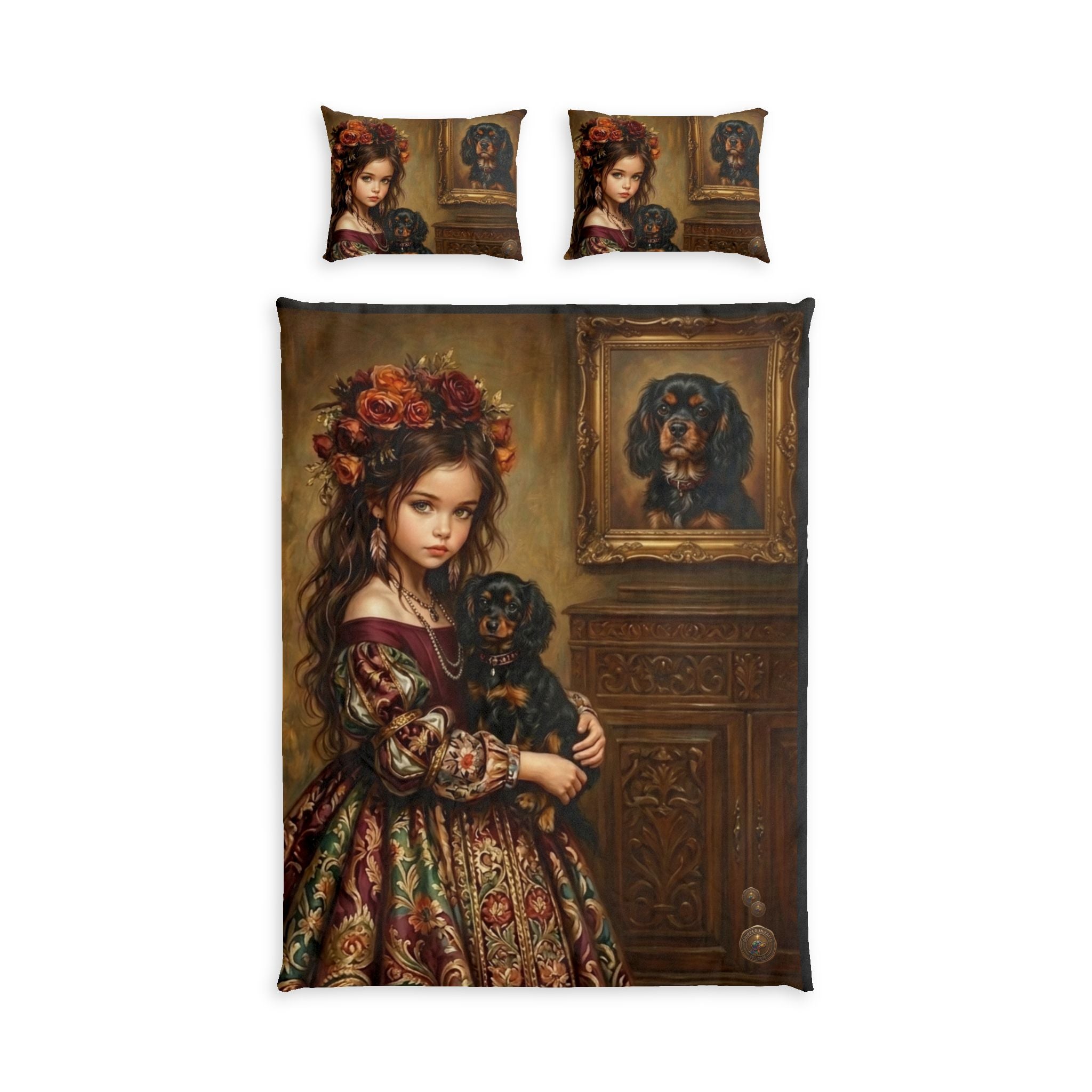 Victorian Girl & Puppy Cotton Bed Set — Vintage Portrait Duvet Cover