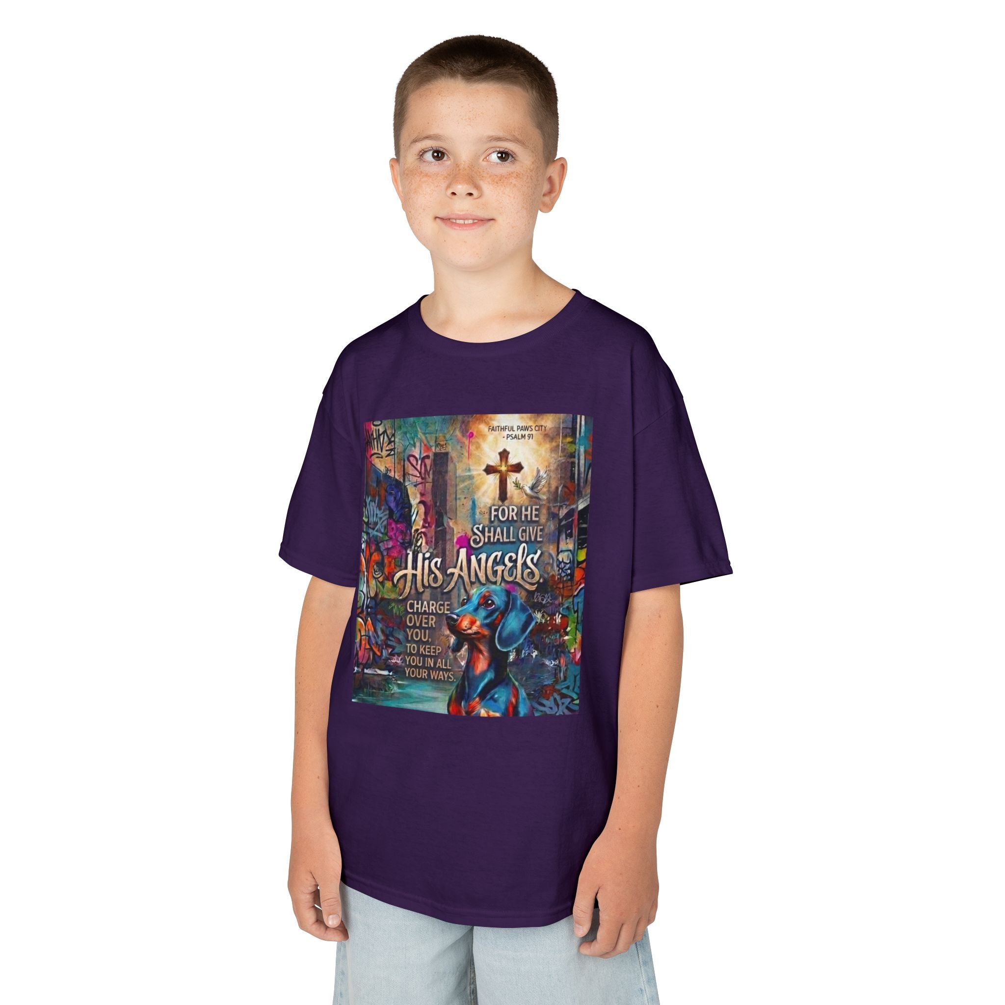 Kids Grafitti Dachshund T-Shirt — "Faithful Paws City" Colorful Angels & Paw Print Graphic Tee