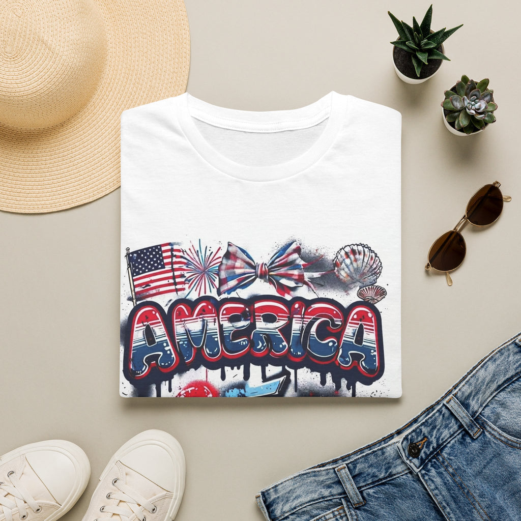 T-Shirt Gráfica 4 de Julho América — Bandeira dos EUA Patriótica e Design de Fogo de Artifício
