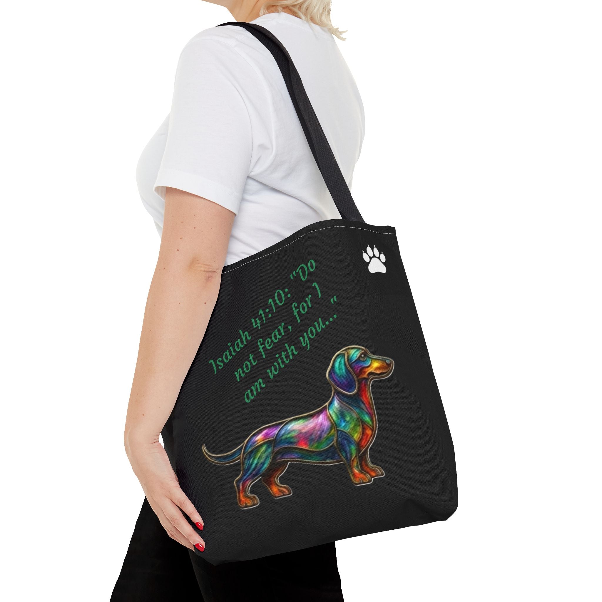Faithful Paws City Dachshund Tote — Isaiah 41:10 Inspirational Dog Lover Bag
