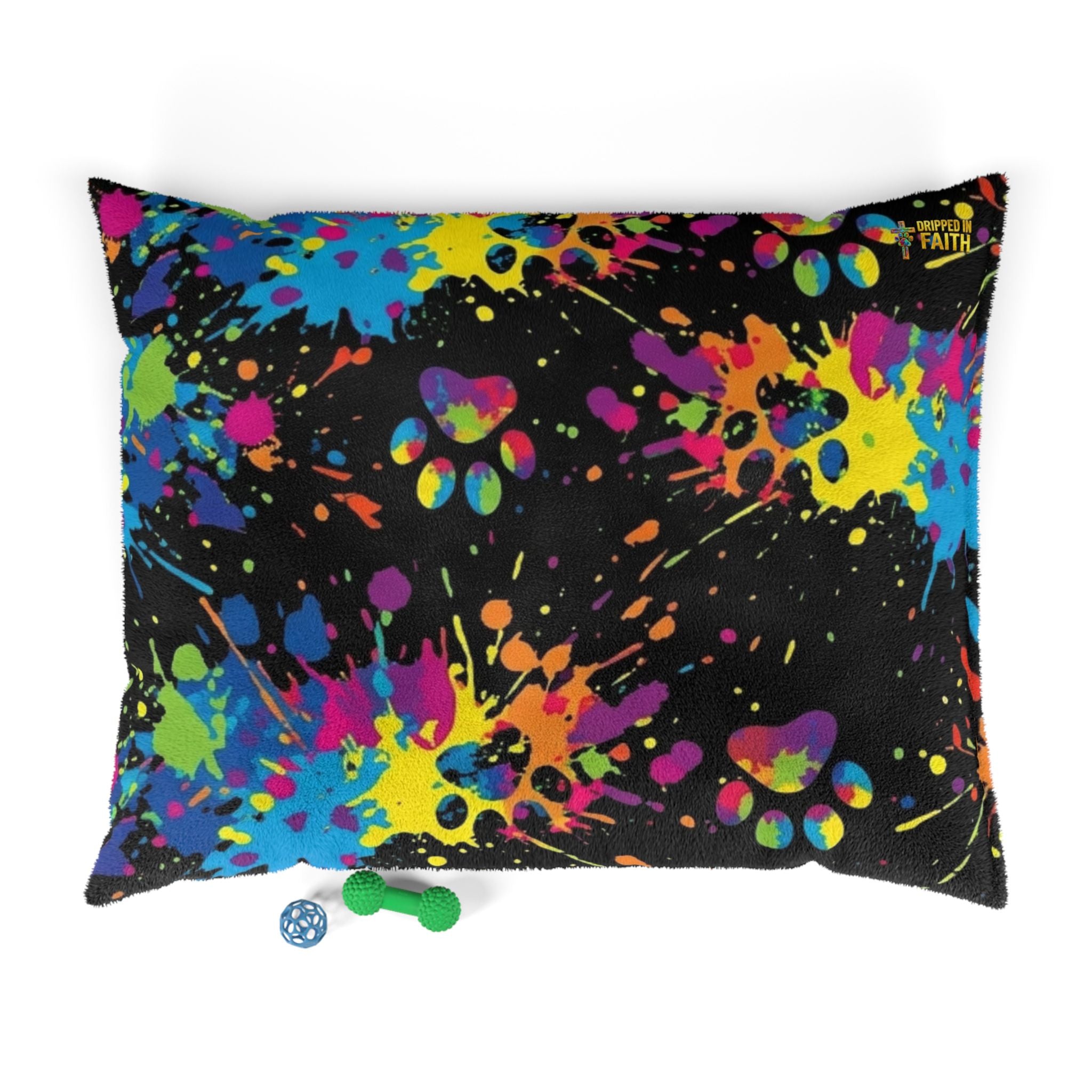 Colorful Paw Print Pet Bed — splatter paint design, cozy dog & cat cushion
