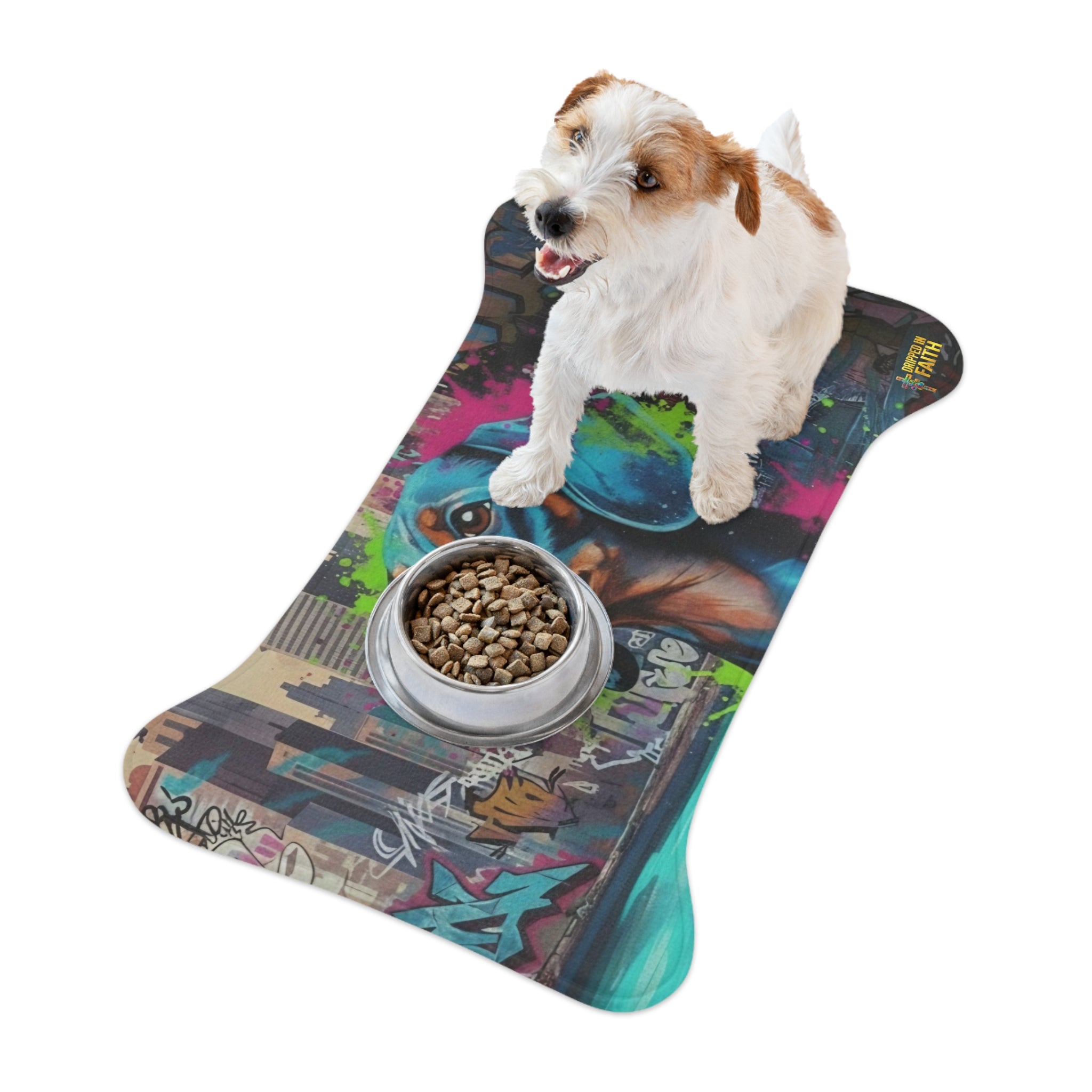 Tapete de Alimentação para Cão Dachshund com Graffiti — Individual para Tigela de Cão com Tema Urbano e Colorido
