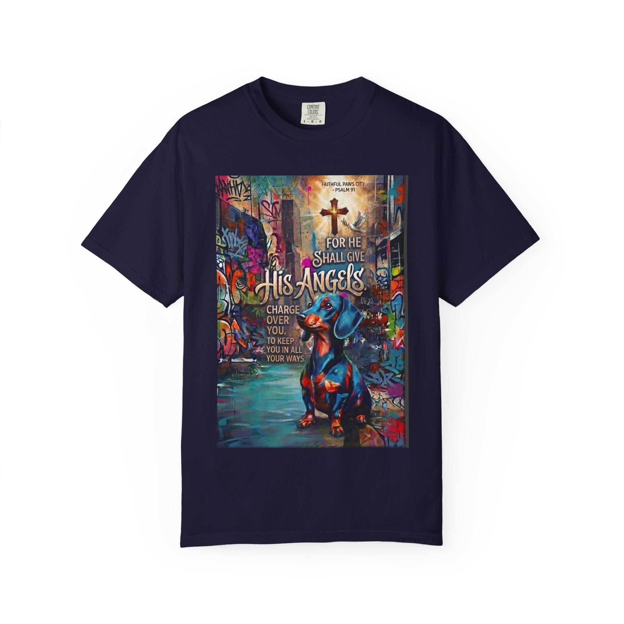 Unisex Christian Dog Grafitti T‑Shirt — "For He Shall Give His Angels Charge Over You" Inspirational Paw Print Tee