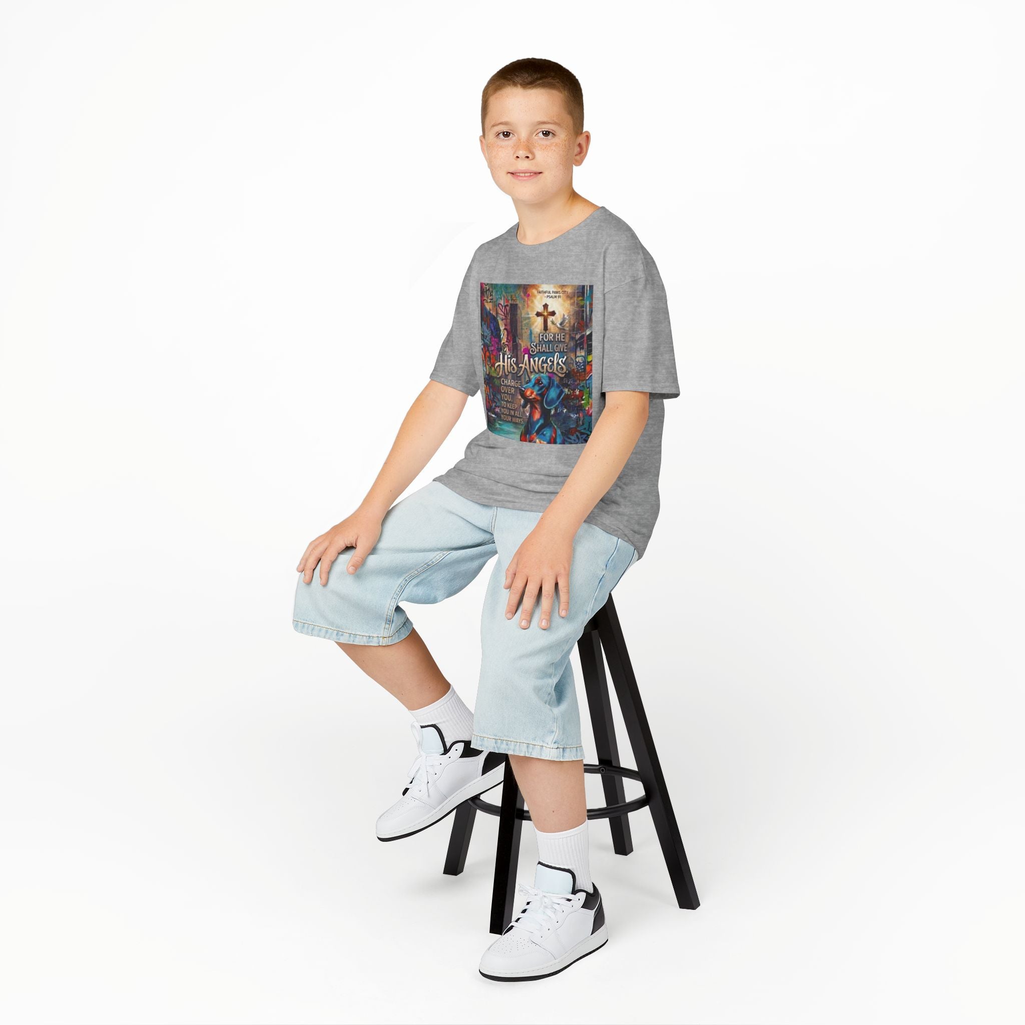 Kids Grafitti Dachshund T-Shirt — "Faithful Paws City" Colorful Angels & Paw Print Graphic Tee