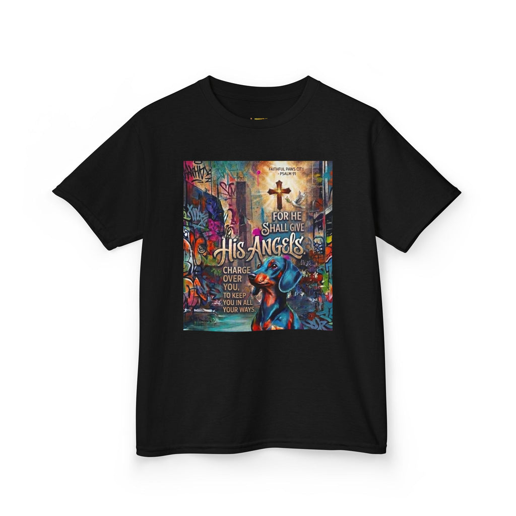 Kids Grafitti Dachshund T-Shirt — "Faithful Paws City" Colorful Angels & Paw Print Graphic Tee