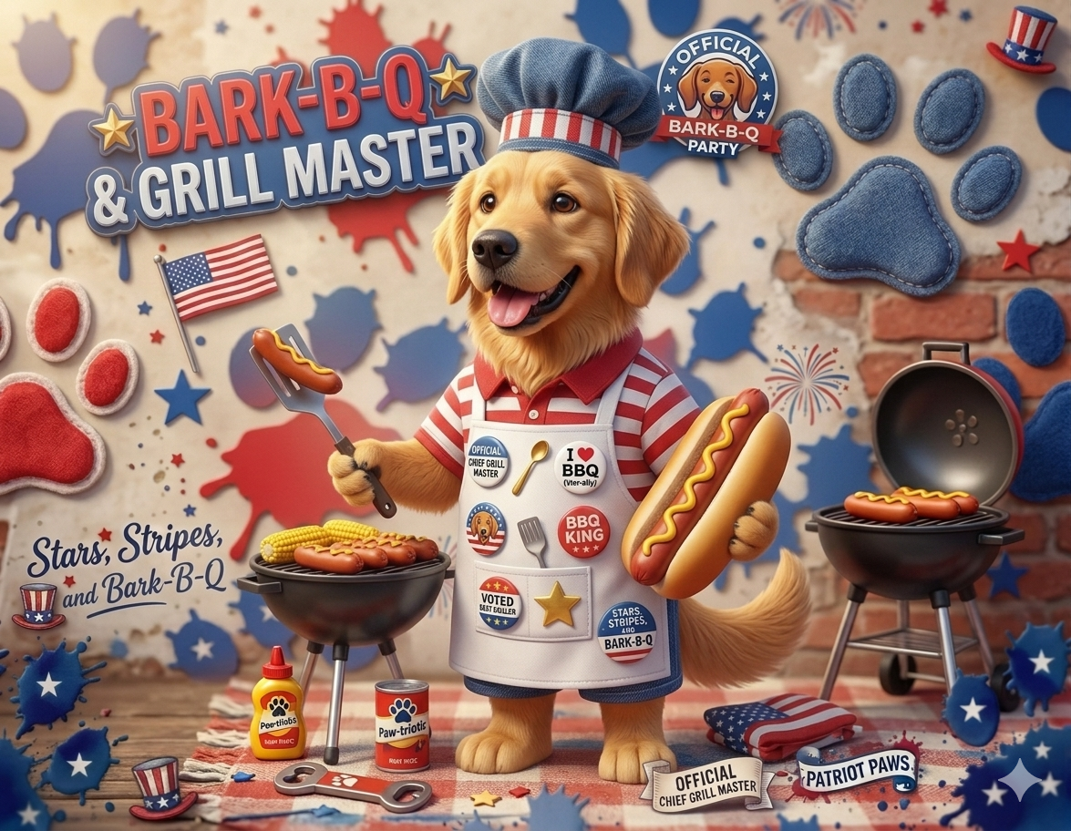 Impressão Digital Bark-B-Q & Grill Master — Arte Patriótica de Cão para o 4 de Julho